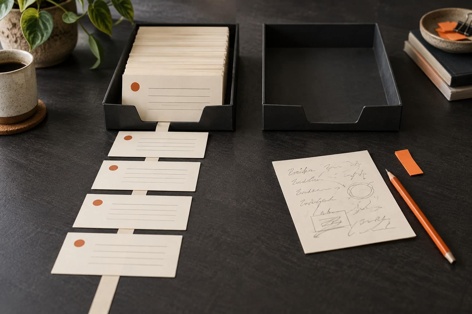 Paper enquiry cards arranged between document trays beside a brief and an orange pencil