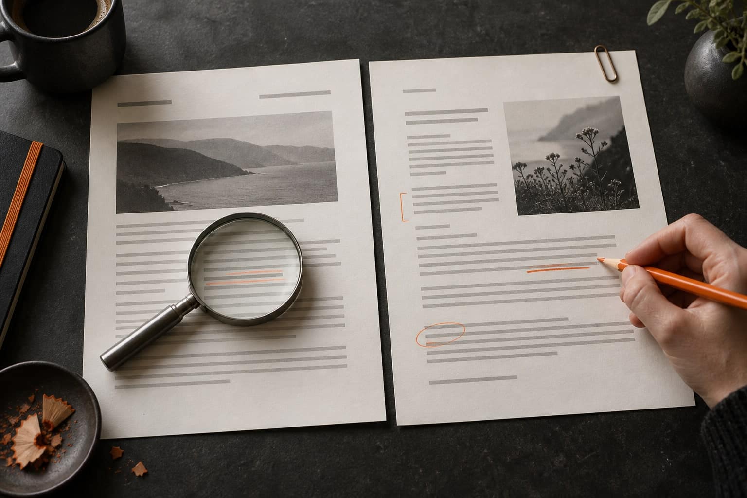 A draft checked against a source document with a magnifying glass and orange pencil
