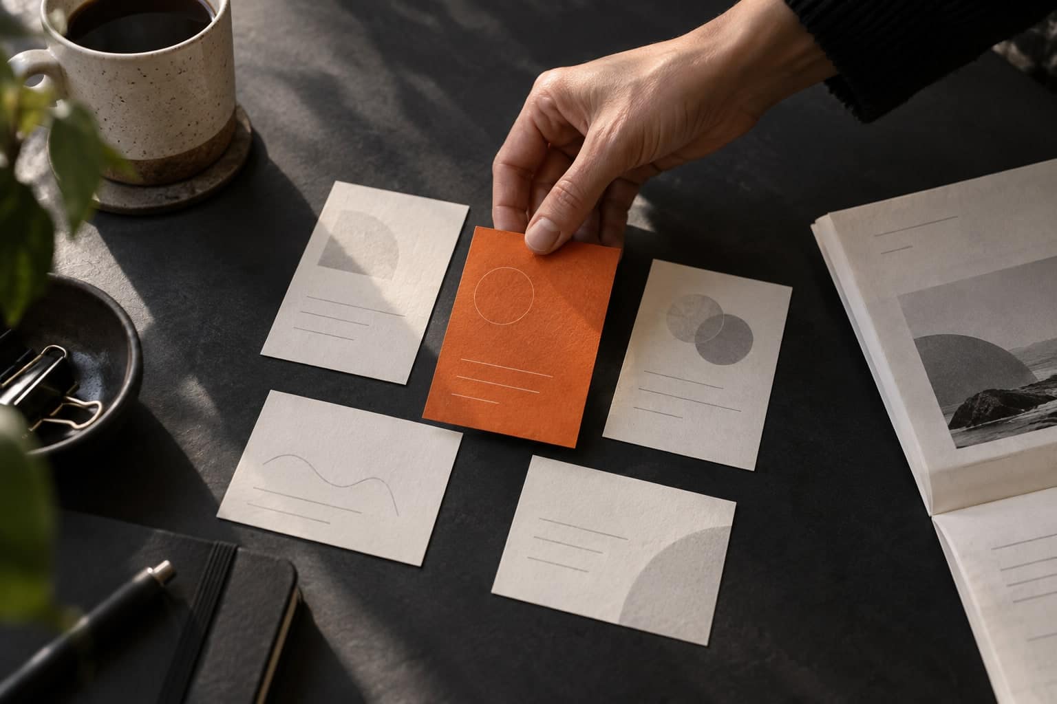 A hand selects an orange task card from a group of paper briefs on a dark desk